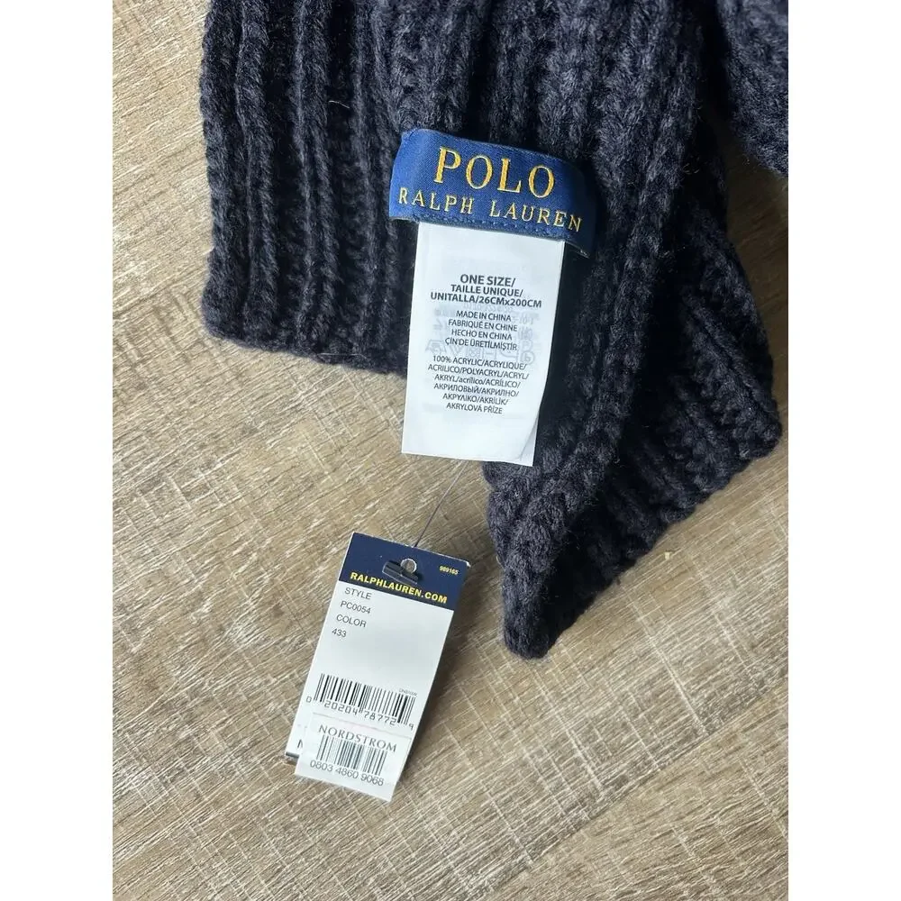 Polo Ralph Lauren Scarf Navy Blue Rib Knit Logo Mens NWT 10x72 Classic Preppy